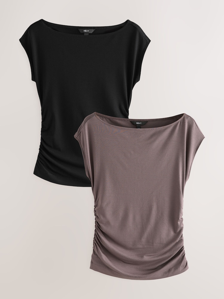 Black/Mink Short Sleeve Ruched Detail Jersey T-Shirt - Image 1 of 7