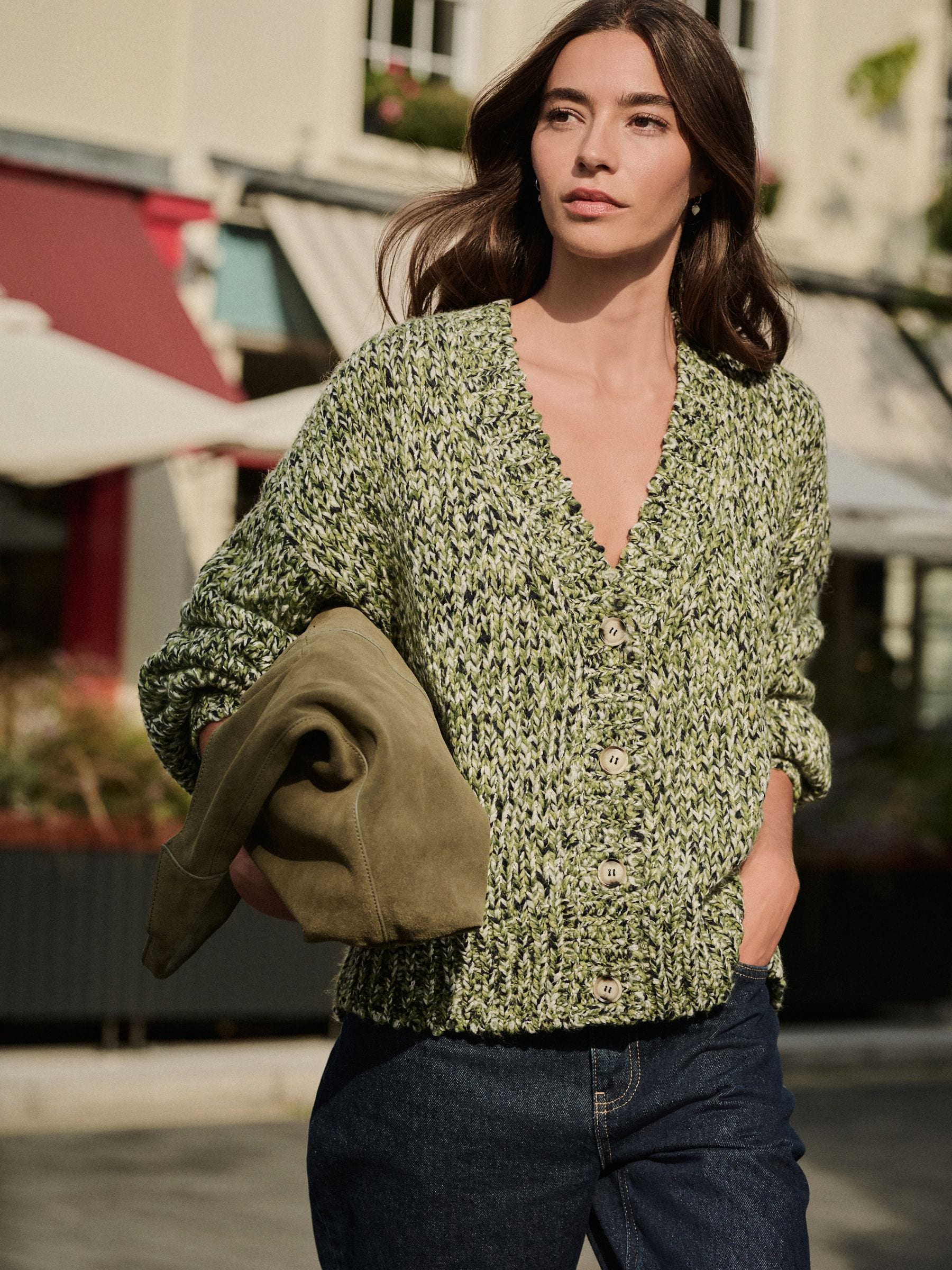 Green Multi Twist Knitted Cardigan With Wool