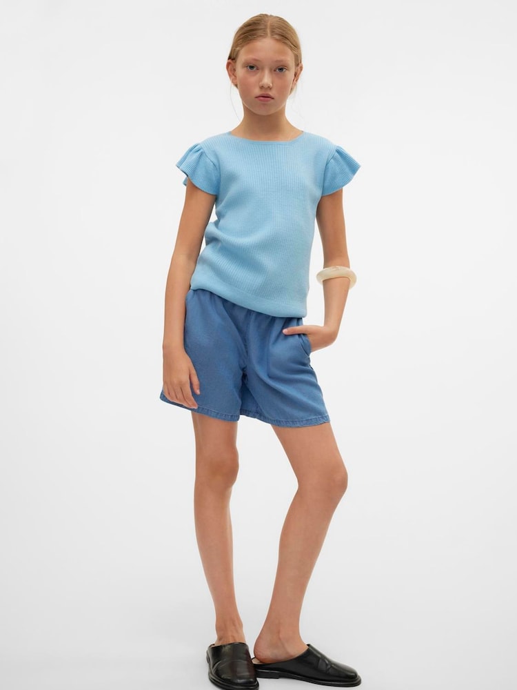 VERO MODA Blue High Rise Lightweight Denim Frill Shorts - Image 5 of 5