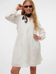 VERO MODA White Long Sleeved Lace Detail 100% Organic Cotton Woven Mini Dress - Image 1 of 4