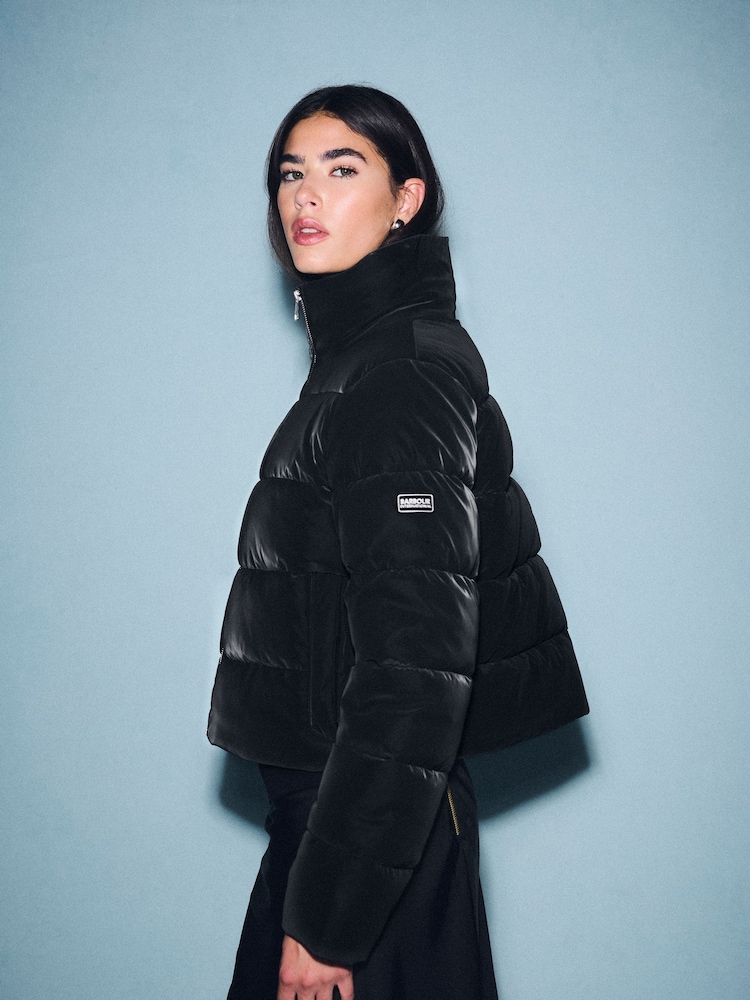 Barbour® International Black Faux Velvet Puffer Jacket - Image 1 of 11