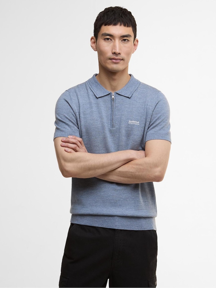 Barbour® International Blue Mouline Knitted Polo Shirt - Image 1 of 7