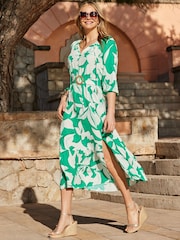 Sosandar Green Petite Floral Print Rattan Belted Dress - Image 1 of 5
