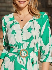 Sosandar Green Petite Floral Print Rattan Belted Dress - Image 3 of 5