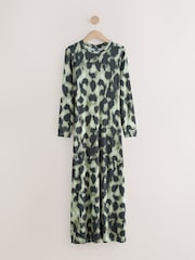 Khaki Green Animal Print Jersey A-line Long Sleeve Maxi Dress - Image 1 of 3