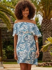 Sosandar Blue Paisley Print Pom Pom Trim Bardot Dress - Image 1 of 5