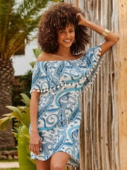 Sosandar Blue Paisley Print Pom Pom Trim Bardot Dress - Image 3 of 5