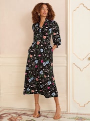 Love & Roses Black Floral Petite Notch Neck Midi Dress - Image 1 of 4