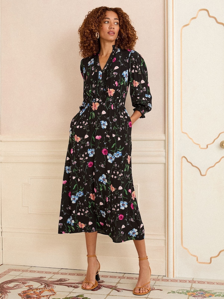 Love & Roses Black Floral Petite Notch Neck Midi Dress - Image 1 of 4