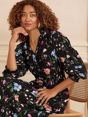 Love & Roses Black Floral Petite Notch Neck Midi Dress - Image 2 of 4