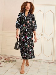 Love & Roses Black Floral Petite Notch Neck Midi Dress - Image 4 of 4