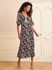 Love & Roses Black Zebra Sequin Angel Sleeve Midi Dress - Image 1 of 4