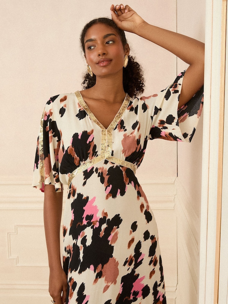 Love & Roses Neutral Sequin Angel Sleeve Midi Dress - Image 2 of 4 Love & Roses Neutral Sequin Angel Sleeve Midi Dress - Image 2 of 4
