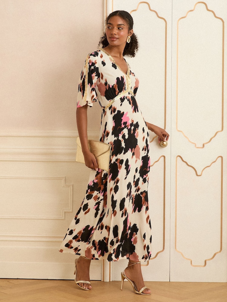 Love & Roses Neutral Sequin Angel Sleeve Midi Dress - Image 4 of 4
