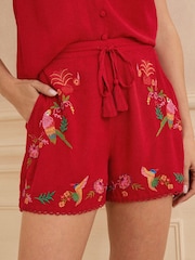 Love & Roses Red Parrot Embroidered Tropical Beach Shorts - Image 1 of 4