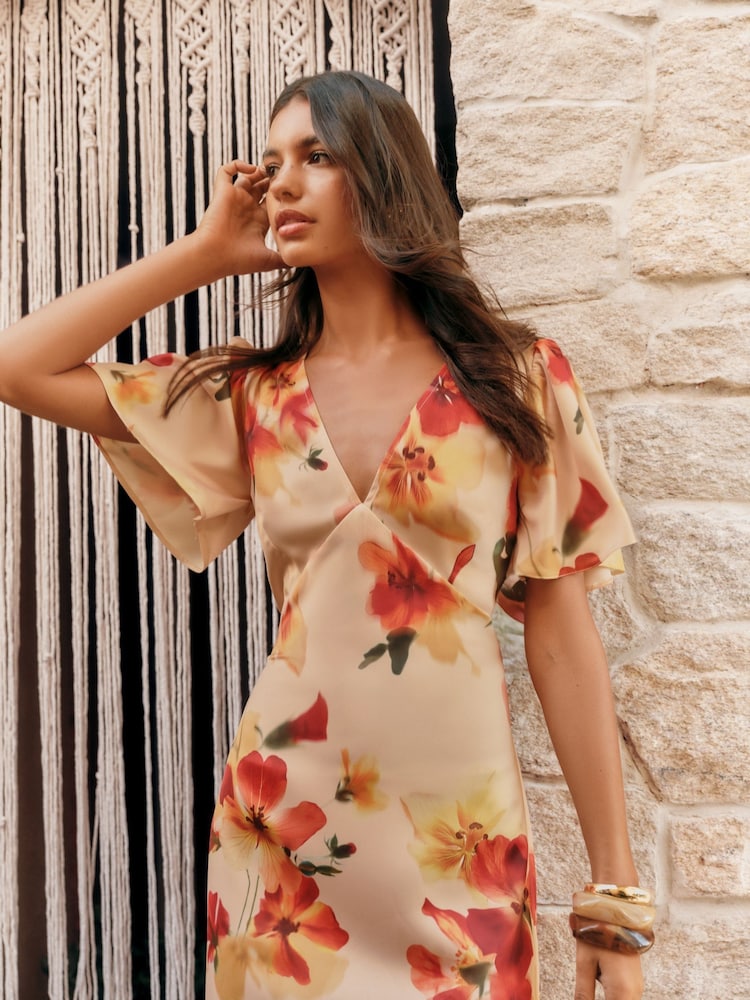 Friends Like These Orange White Floral Print V-Neck Angel Sleeve Satin Midi Dress - Image 2 of 4