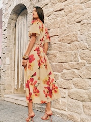 Friends Like These Orange White Floral Print V-Neck Angel Sleeve Satin Midi Dress - Image 4 of 4