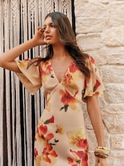 Friends Like These OrangeWhite Floral Petite Print V-Neck Angel Sleeve Satin Midi Dress - Image 2 of 4