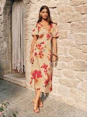 Friends Like These OrangeWhite Floral Petite Print V-Neck Angel Sleeve Satin Midi Dress - Image 3 of 4