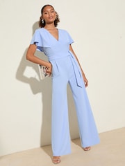 Friends Like These Pale Blue Short Frill Sleeve Scuba Wrap Jumpsuit - Image 1 of 4