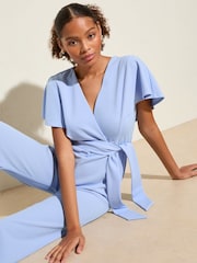Friends Like These Pale Blue Short Frill Sleeve Scuba Wrap Jumpsuit - Image 3 of 4
