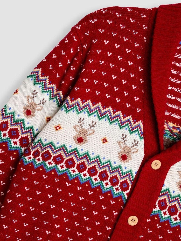 JoJo Maman Bébé Red Men's Reindeer Fairisle Knitted Cardigan - Image 3 of 3