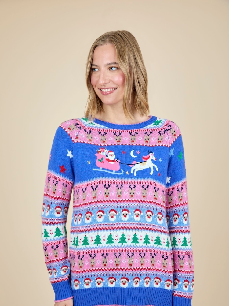 JoJo Maman Bébé Pink Women's Santa & Unicorn Jumper - Image 1 of 3 JoJo Maman Bébé Pink Women's Santa & Unicorn Jumper - Image 1 of 3