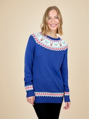 JoJo Maman Bébé Blue Women's Reindeer Fairisle Jumper - Image 1 of 3