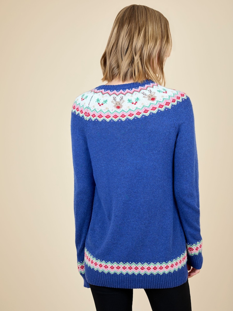 JoJo Maman Bébé Blue Women's Reindeer Fairisle Jumper - Image 2 of 3