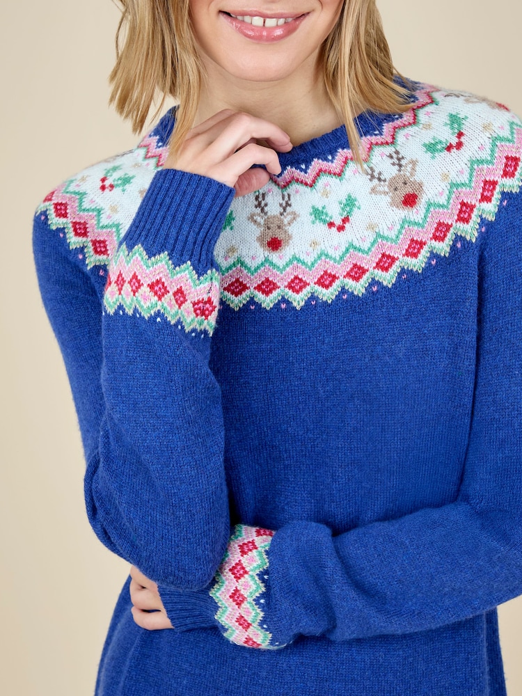 JoJo Maman Bébé Blue Women's Reindeer Fairisle Jumper - Image 3 of 3