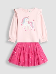 JoJo Maman Bébé Pink Fairy Frill Sleeve Top & Rainbow Tulle Skirt Set - Image 1 of 7