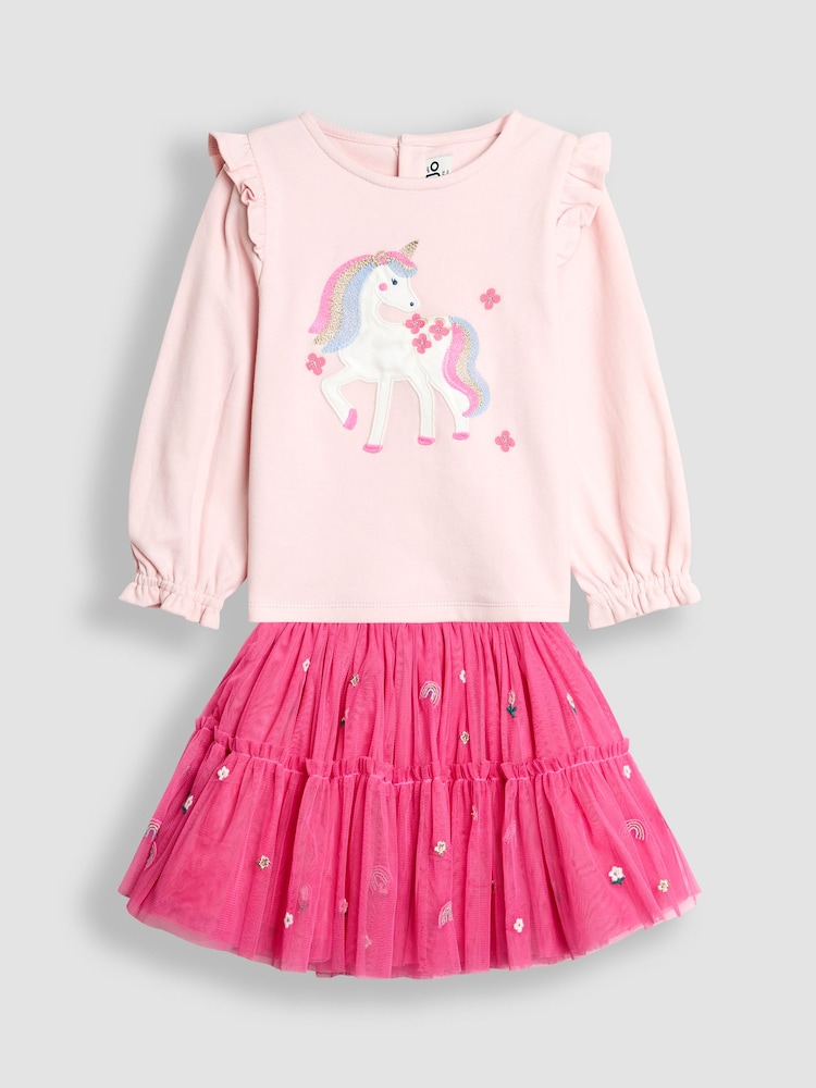 JoJo Maman Bébé Pink Fairy Frill Sleeve Top & Rainbow Tulle Skirt Set - Image 1 of 7