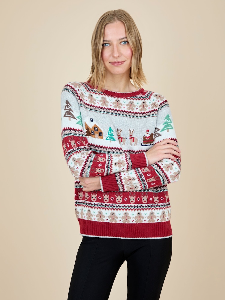 JoJo Maman Bébé Burgundy Women's Christmas Scene Fairisle Jumper - Image 1 of 3 JoJo Maman Bébé Burgundy Women's Christmas Scene Fairisle Jumper - Image 1 of 3