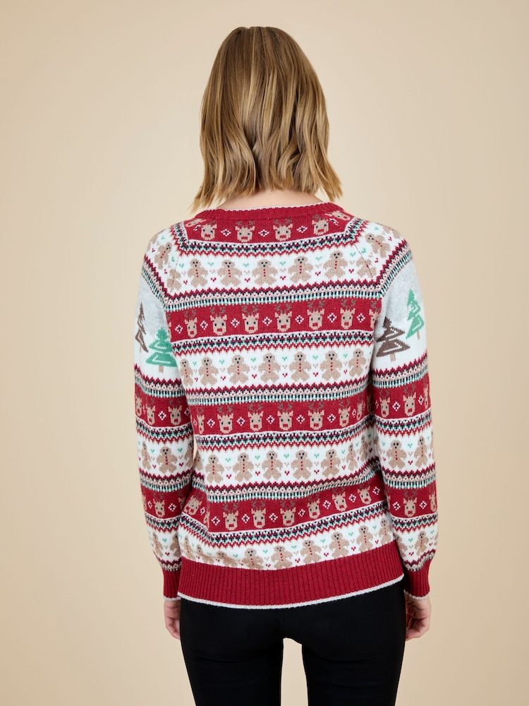 JoJo Maman Bébé Burgundy Women's Christmas Scene Fairisle Jumper - Image 2 of 3 JoJo Maman Bébé Burgundy Women's Christmas Scene Fairisle Jumper - Image 2 of 3