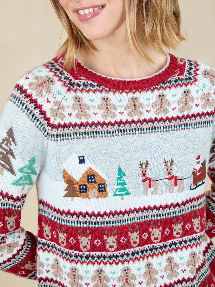 JoJo Maman Bébé Burgundy Women's Christmas Scene Fairisle Jumper - Image 3 of 3 JoJo Maman Bébé Burgundy Women's Christmas Scene Fairisle Jumper - Image 3 of 3
