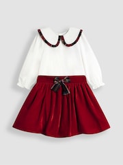 JoJo Maman Bébé Red Frill Collar Blouse & Velvet Skirt Set - Image 1 of 7