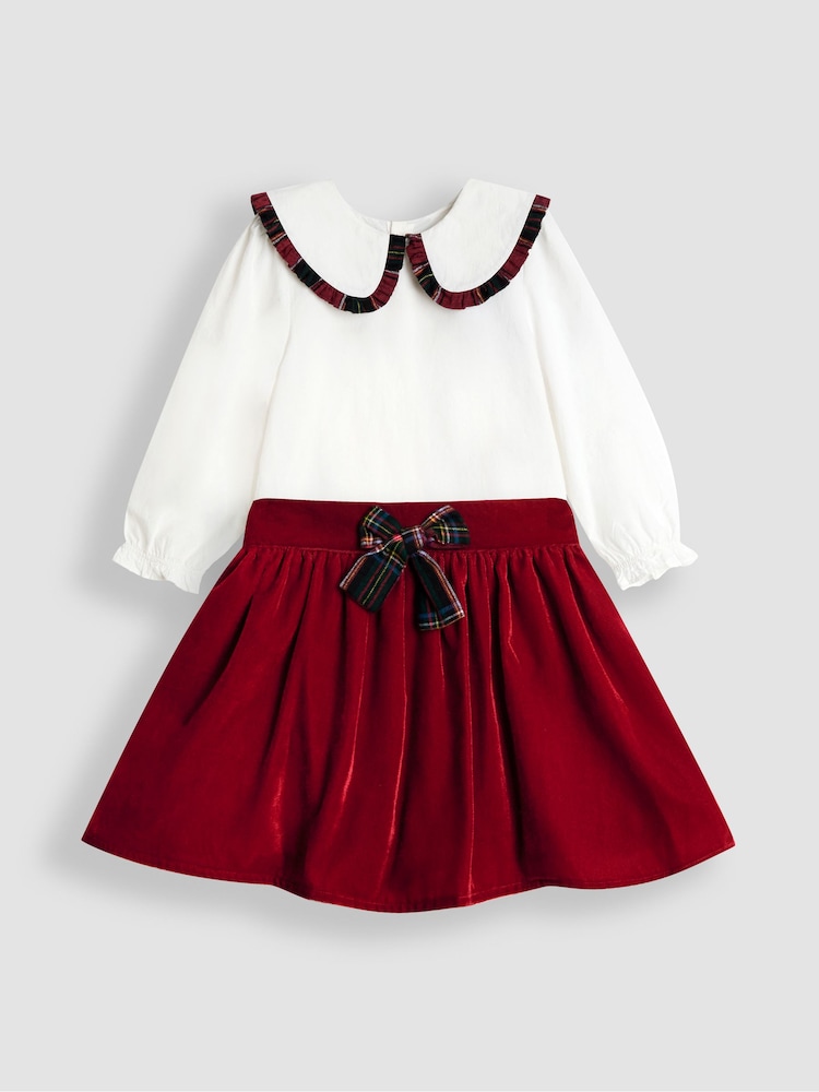 JoJo Maman Bébé Red Frill Collar Blouse & Velvet Skirt Set - Image 1 of 7