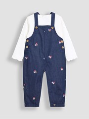 JoJo Maman Bébé Blue Chambray Embroidered Dungarees & Rib Top Set - Image 1 of 6