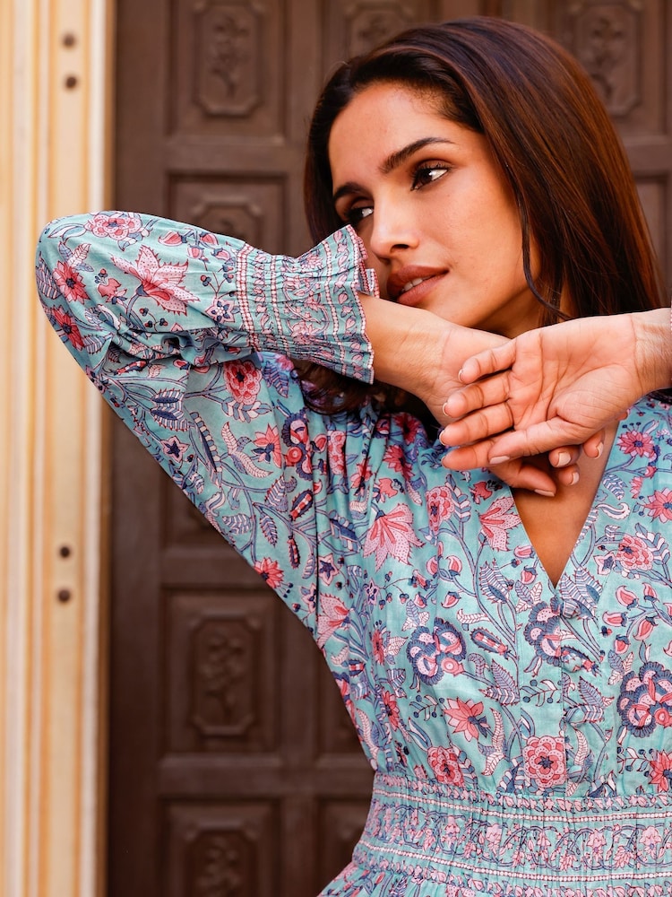 Aspiga Blue Billie 100% Cotton Block Print Dress - Image 4 of 5