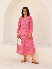 Aspiga Red Hayden Block Print 100% Cotton Dress - Image 1 of 5