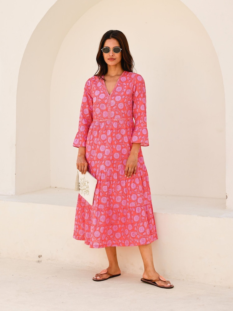 Aspiga Red Hayden Block Print 100% Cotton Dress - Image 1 of 5