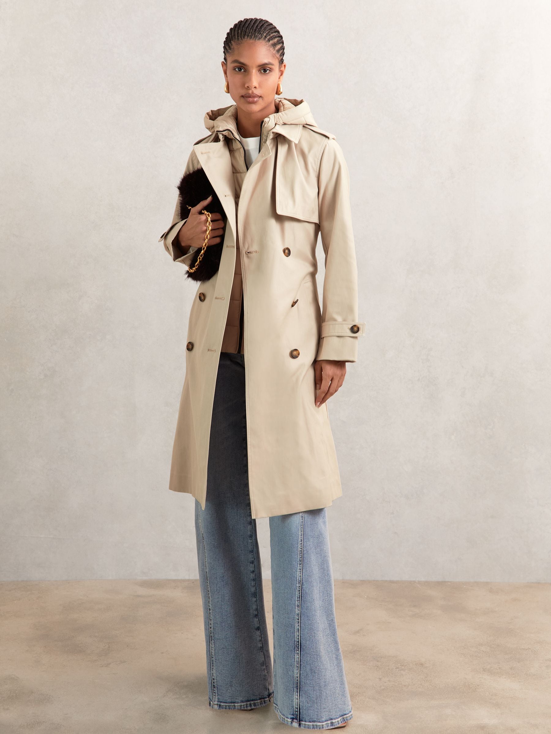 Reiss Stone Hooded Insert Trench Coat In Gray