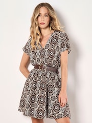 Apricot Brown Batik Kaleidoscope V-Neck Mini Dress - Image 1 of 4