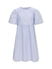 ONLY KIDS Blue Stripe Woven Volume Sleeve 100% Cotton Dress - Image 1 of 2