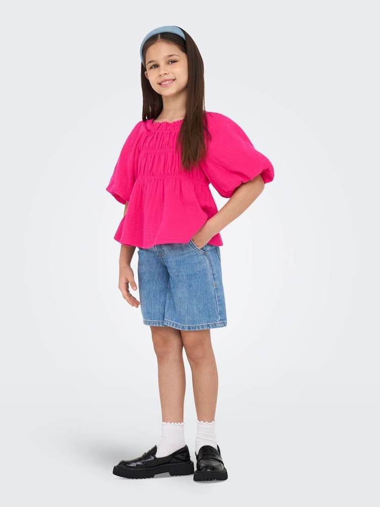 ONLY KIDS Pink Gingham Short Sleeve Puff Sleeve Blouse - Image 1 of 4