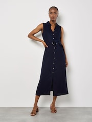 Apricot Blue Sleeveless Belted Shirt Midi Dress - Image 1 of 4