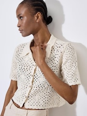 Apricot Natural 100% Cotton Crochet Collar Coconut Button Top - Image 1 of 4
