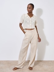 Apricot Natural 100% Cotton Crochet Collar Coconut Button Top - Image 2 of 4