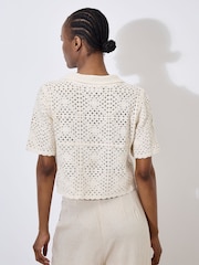 Apricot Natural 100% Cotton Crochet Collar Coconut Button Top - Image 3 of 4