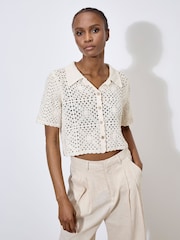 Apricot Natural 100% Cotton Crochet Collar Coconut Button Top - Image 4 of 4